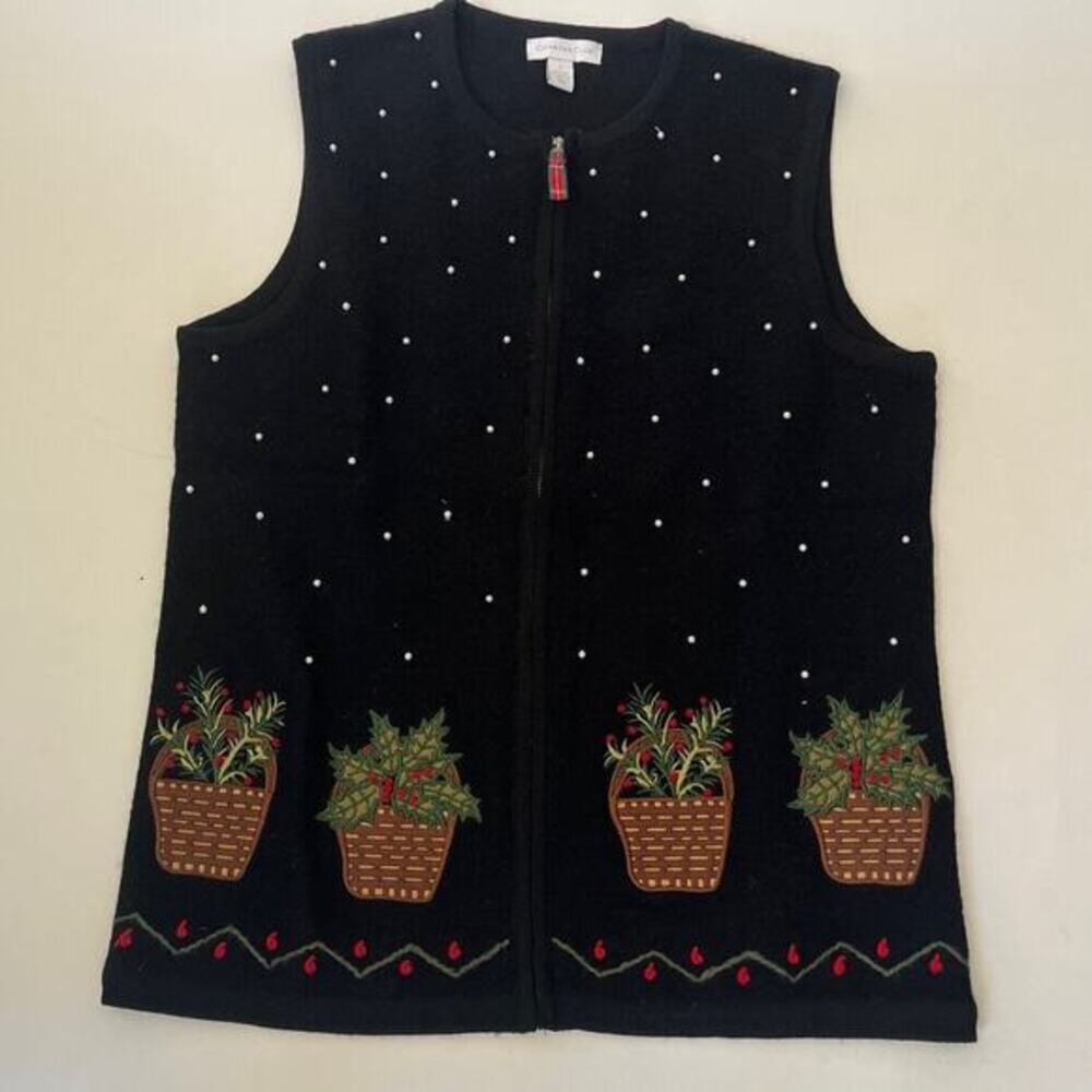 VTG Charter Club Black Full Zip Wool Christmas Sweater Vest Womens‎ Sz S Pearl
